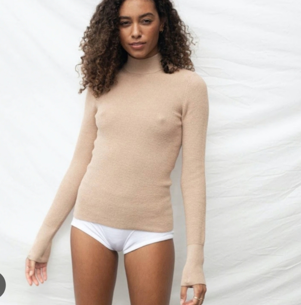 Lunya Women's Tan Cozy Cotton Silk Waffle Knit Sweater